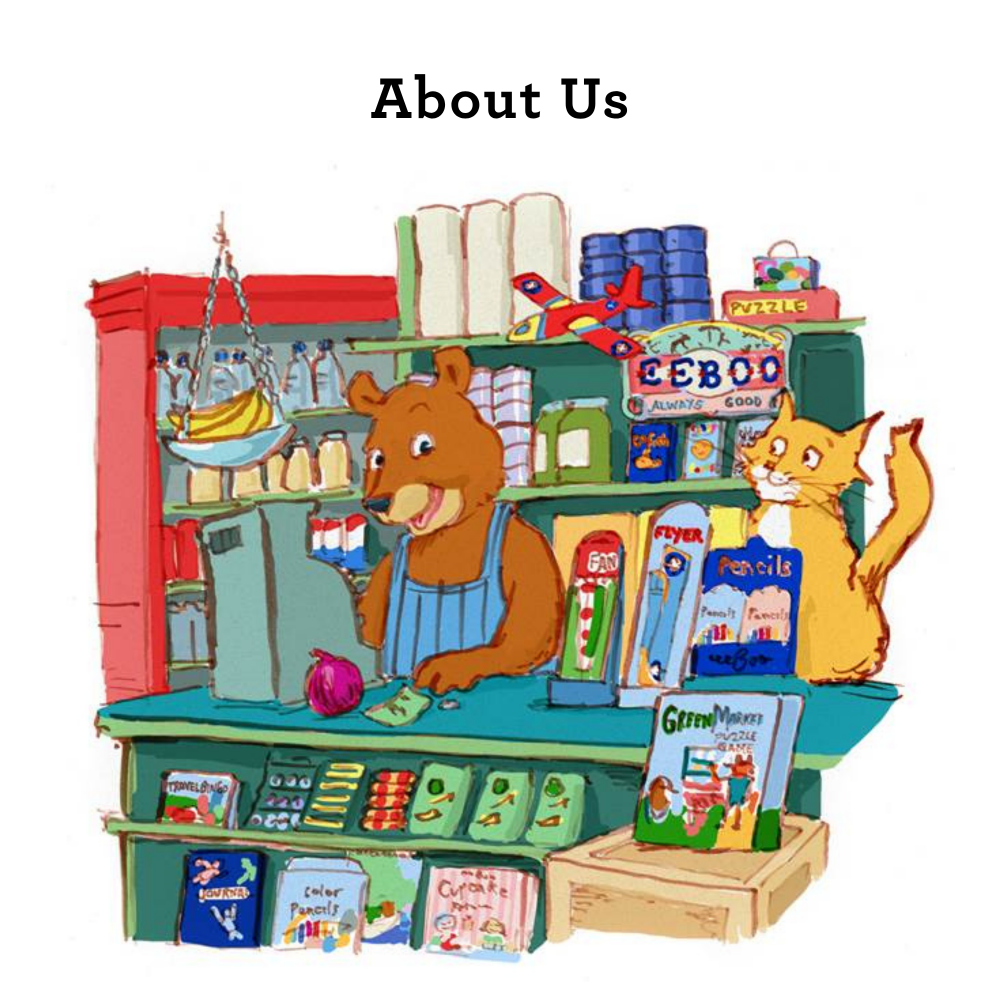 A colorful cartoon illustration of a small shop scene with a bear behind a counter and a cat sitting beside it, under the heading 'About Us' 