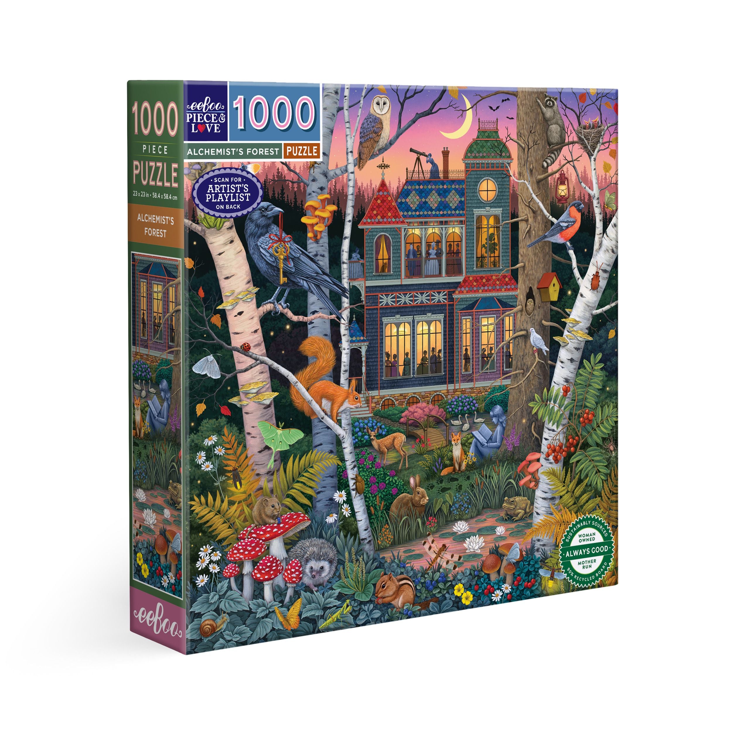 Jigsaw puzzle box with a forest scene design featuring animals and a house. Alchemist's Forest 1000 Piece Puzzle