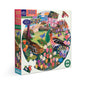 Round puzzle box with colorful artwork of birds and nature, featuring ' eeBoo'. Birds by the Sea 500 Piece Round Puzzle