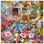Colorful puzzle with floral patterns and a cat in a store setting