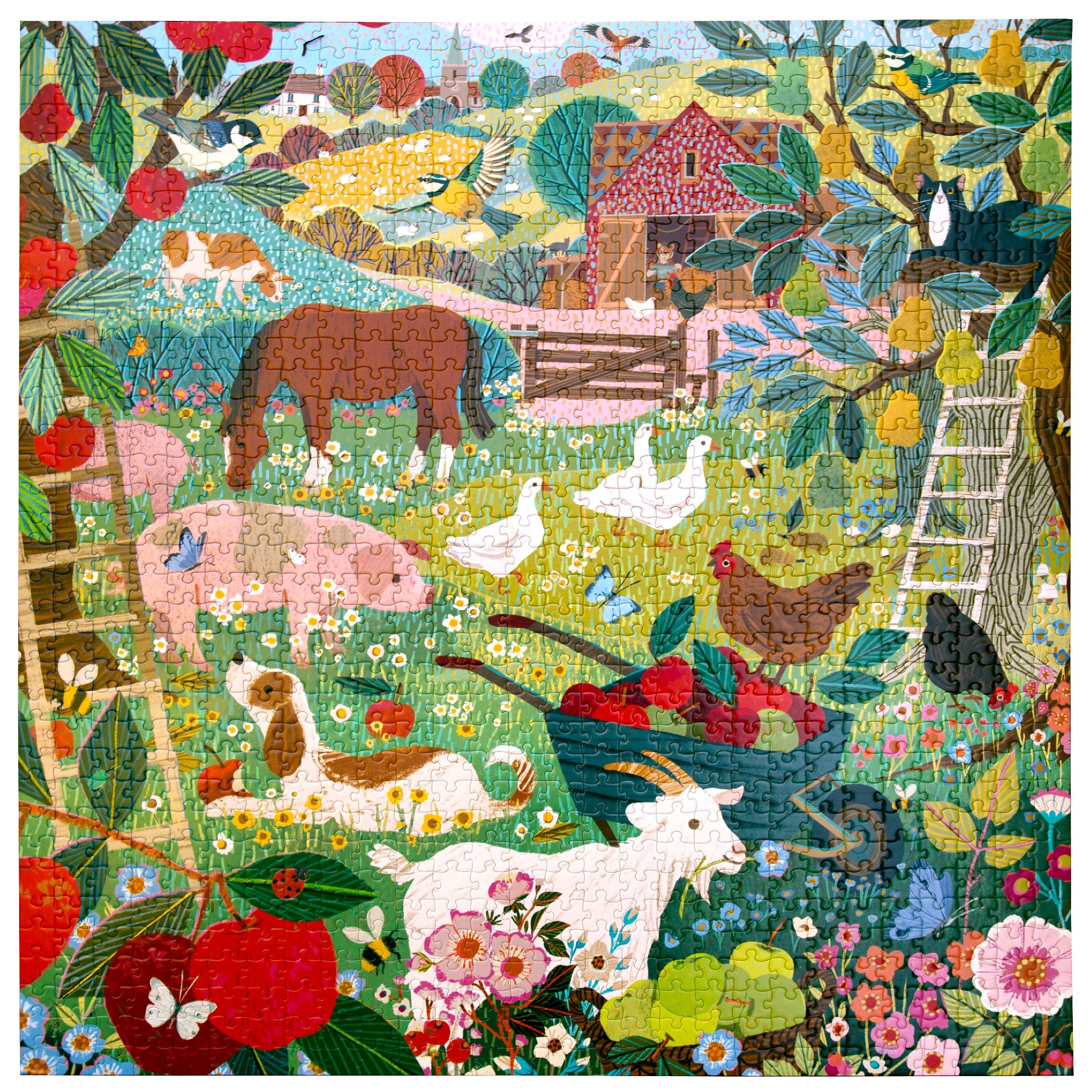 Colorful puzzle with farm animals and nature elements. English Pastures 1000 Piece Puzzle