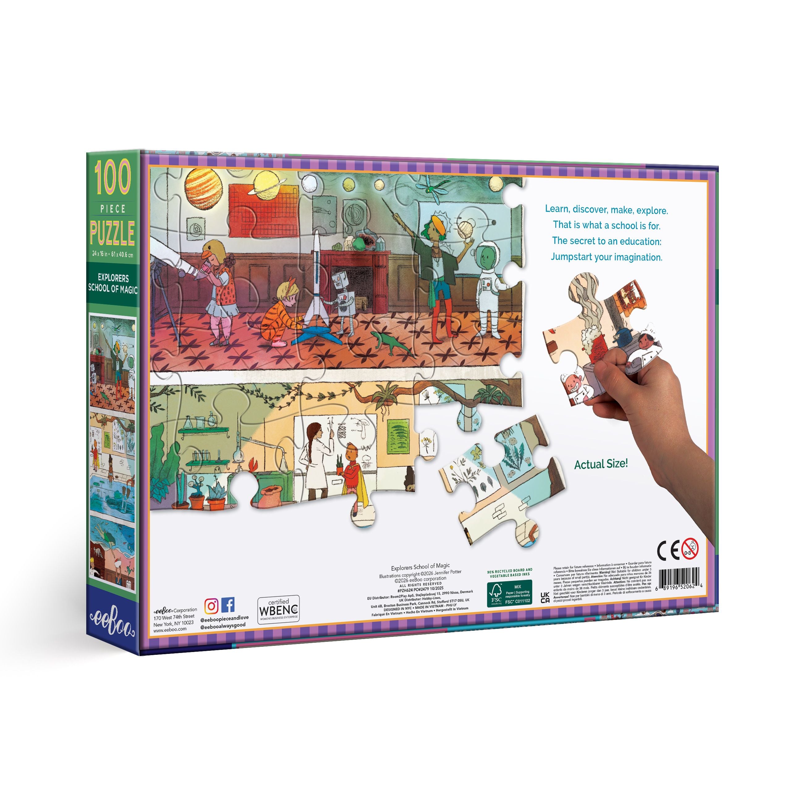 Puzzle box with colorful illustrations of a school scene and a hand holding a piece. Explorers School of Magic 100 Piece Puzzle