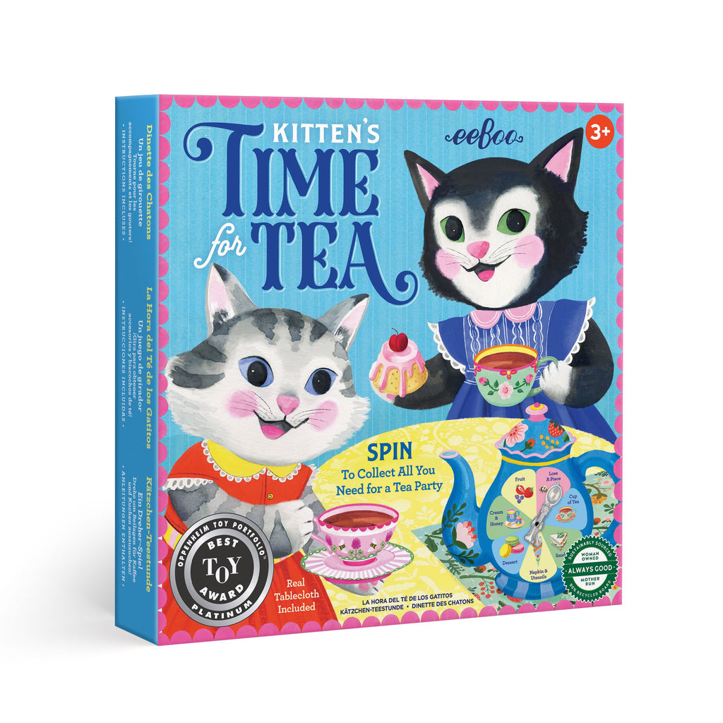 Kitten's Time for Tea toy packaging with watercolor illustrated cats and tea party elements on a blue background.