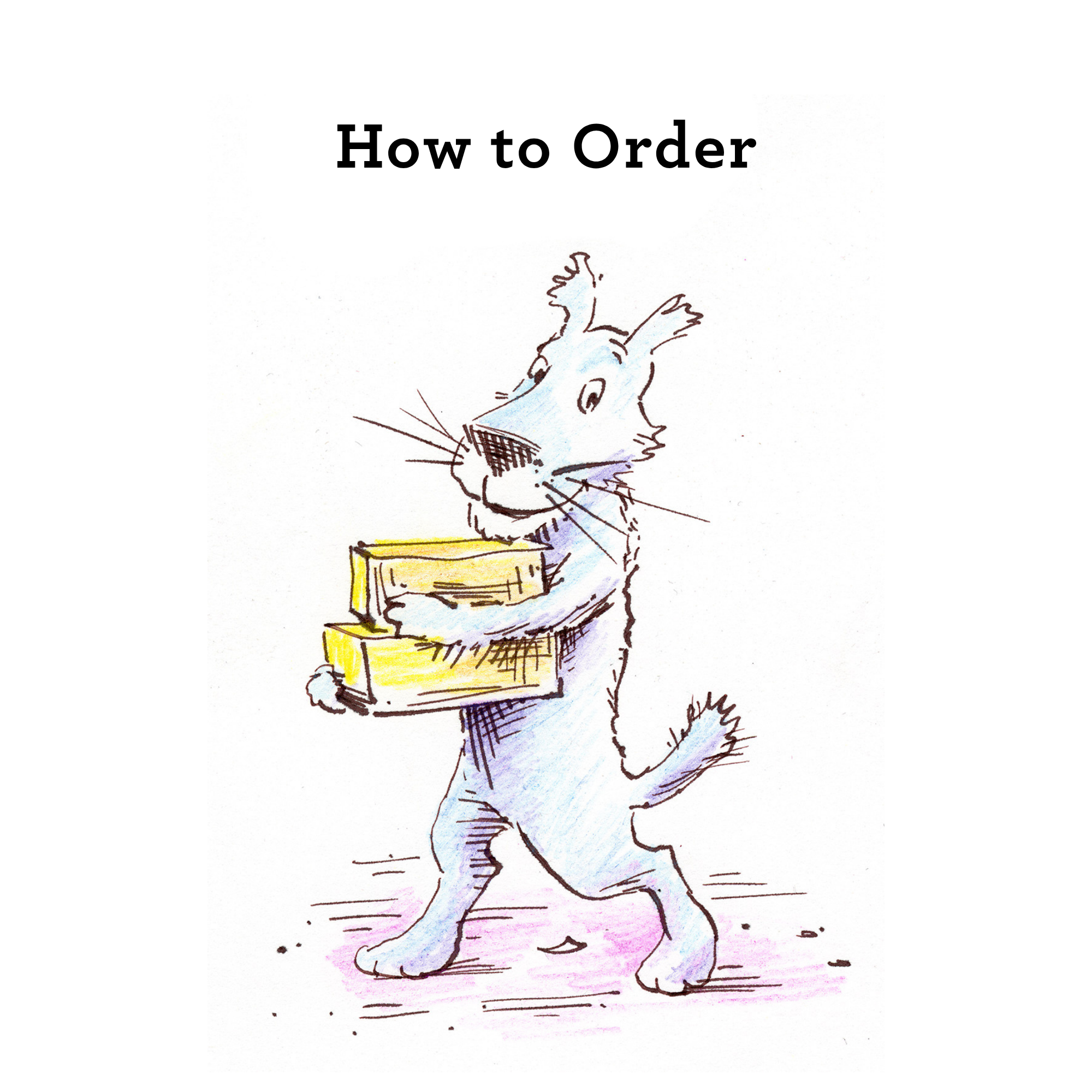 A white cardwith the text 'How to Order' at the top and a hand-drawn illustration of a blue-gray dog carrying two yellow boxes.