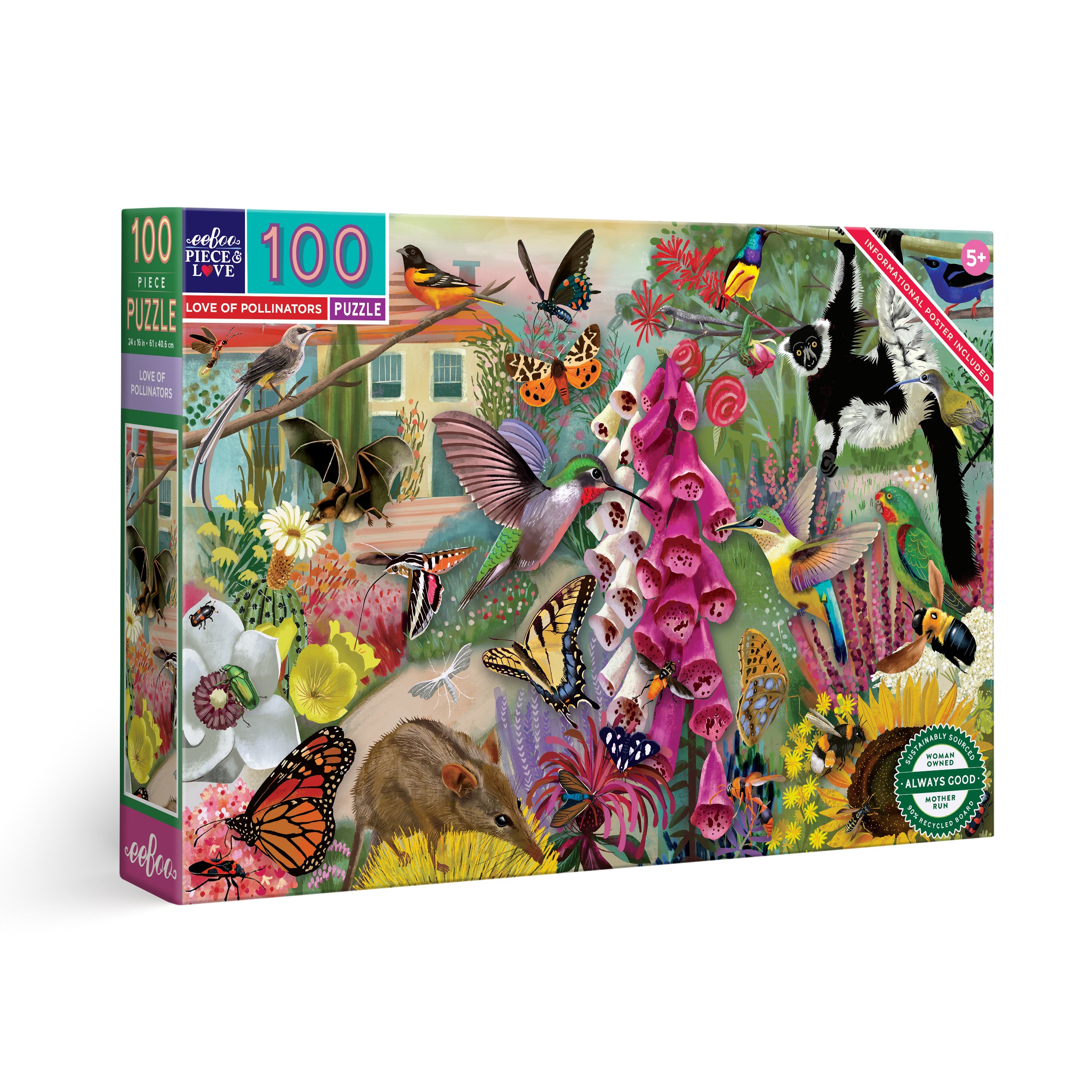 Jigsaw puzzle box featuring a colorful illustration of pollinators and flowers