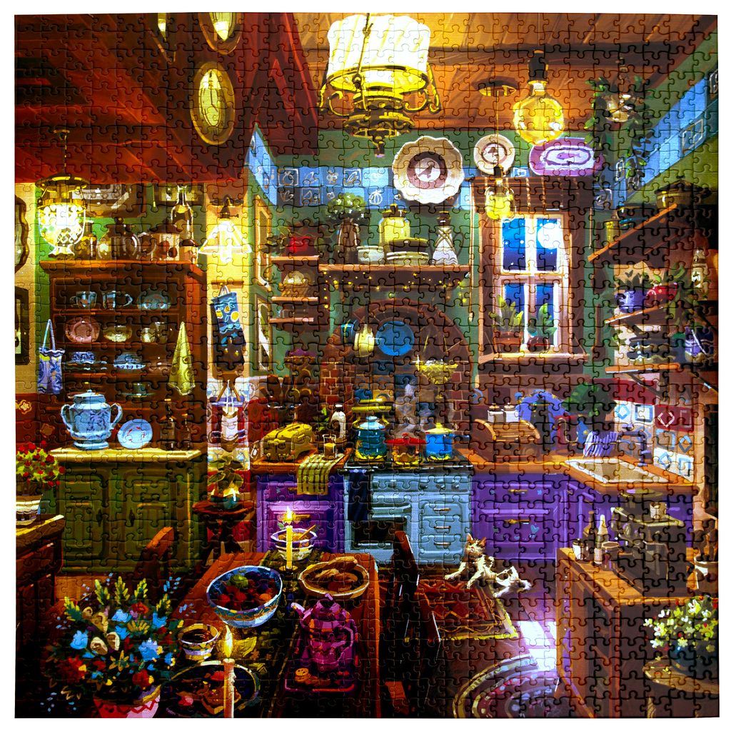 Colorful and detailed interior of a kitchen with various items and decor.