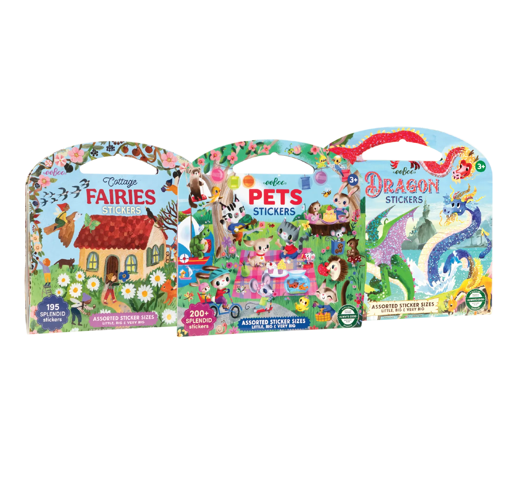 Three children's sticker  books displayed side by side
