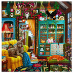 Colorful and detailed interior scene with a dog on a yellow chair and a cat on a green stool.