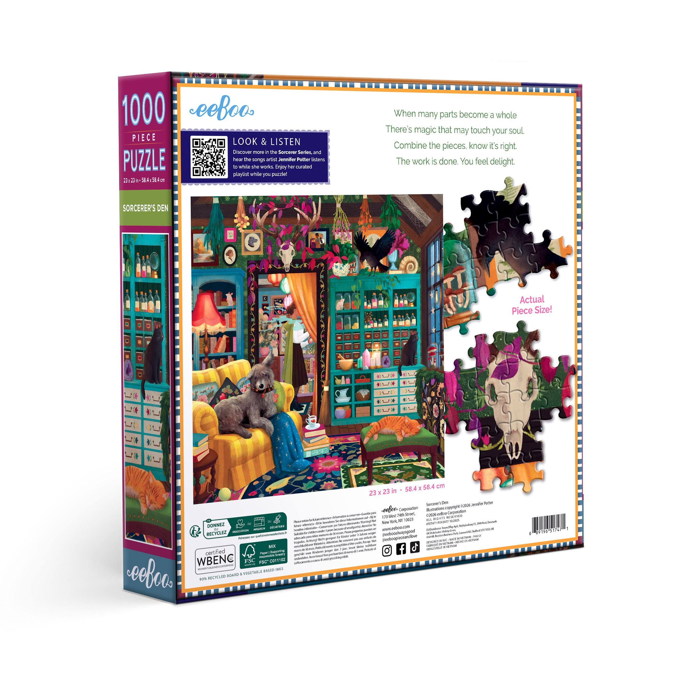 Eeboo puzzle box with colorful illustration. Sorcerer's Den 1000 Piece Puzzle