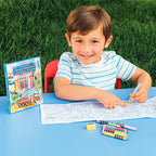 Child coloring with color pencils outdoors on a grassy background. Vehicles Mini Mural Bundle 