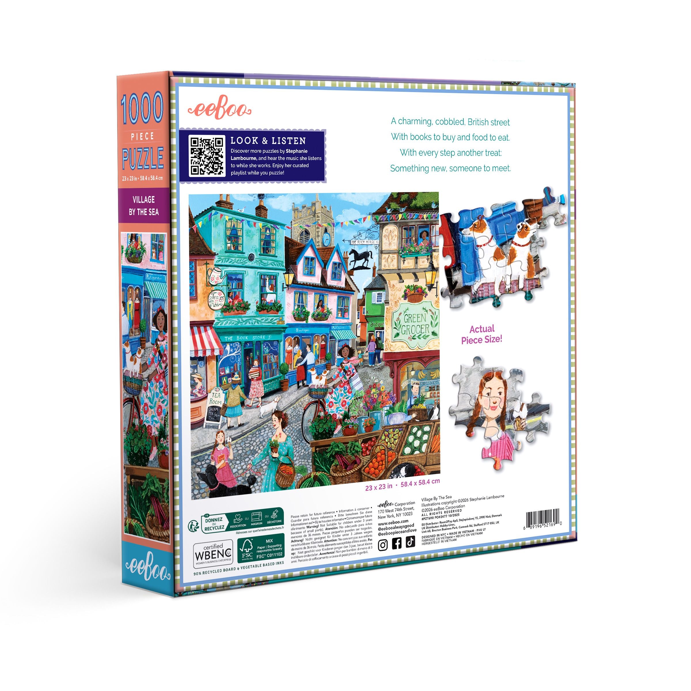 Puzzle box with colorful illustration of a street scene and people, featuring eeBoo branding. Village by the Sea 1000 Piece Puzzle